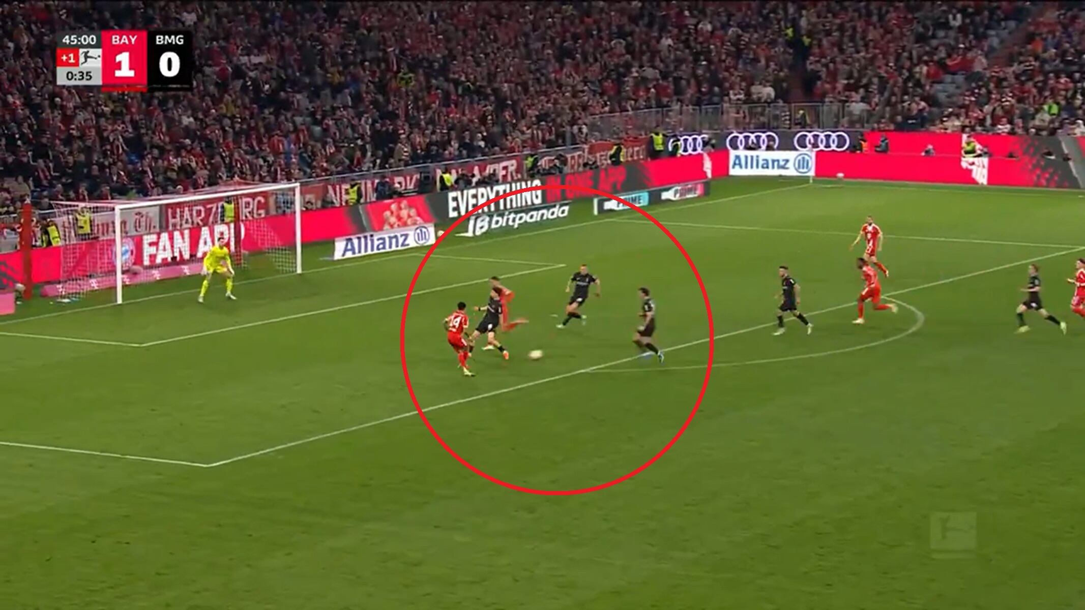 Momento exacto de la asistencia de Luis Díaz.