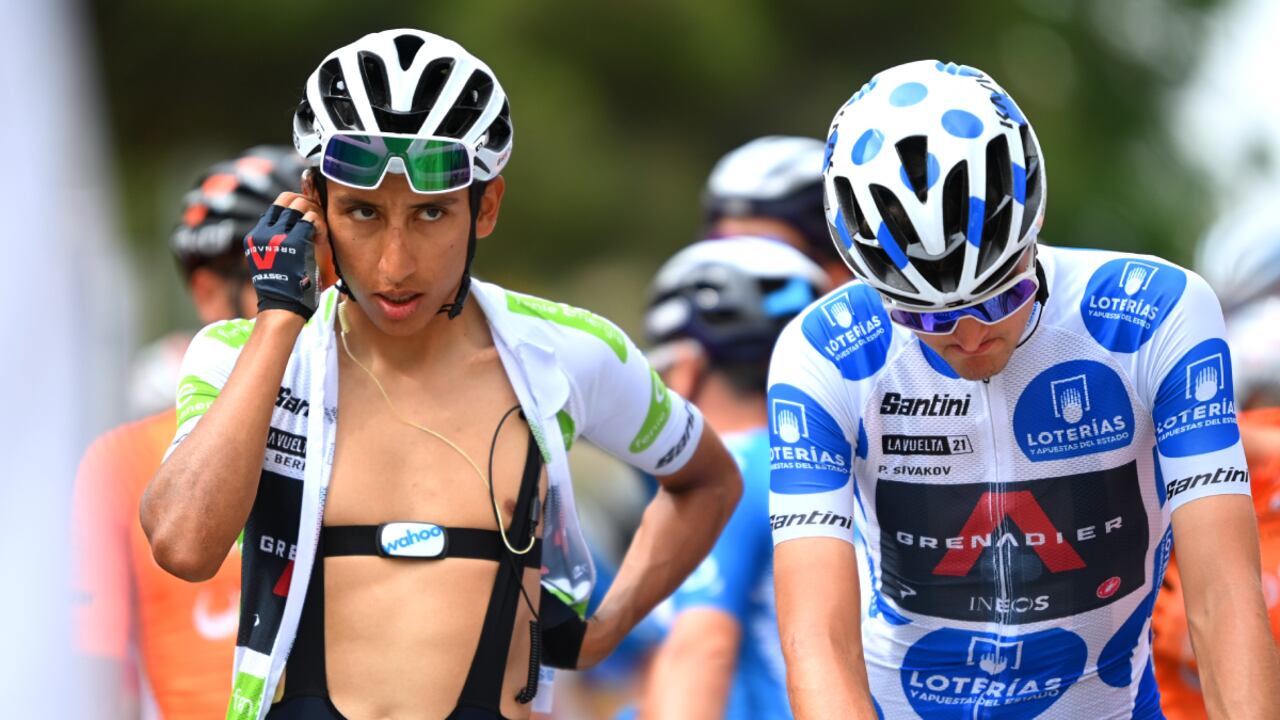 VELEFIQUE, SPAIN - AUGUST 22: (L-R) Egan Arley Bernal Gomez of Colombia white best young jersey and Pavel Sivakov of Russia and Team INEOS Grenadiers polka dot mountain jersey prepare for the race prior to the 76th Tour of Spain 2021, Stage 9 a 188 km stage from Puerto Lumbreras to Alto de Velefique 1800m / @lavuelta / #LaVuelta21 / on August 22, 2021 in Velefique, Spain. (Photo by Getty Images/Stuart Franklin)