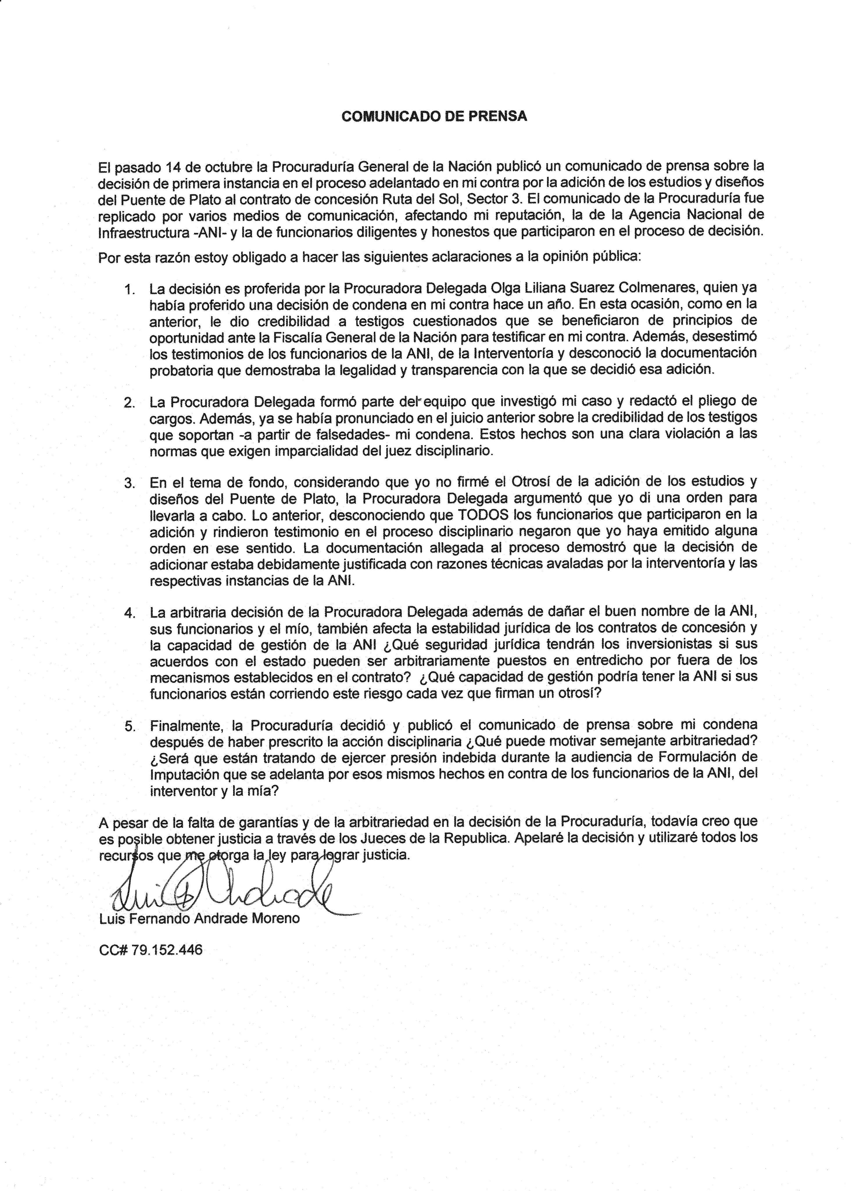 En el comunicado, Andrade argumentó las razones por las que considera que la decisión en su contra es arbitraria.