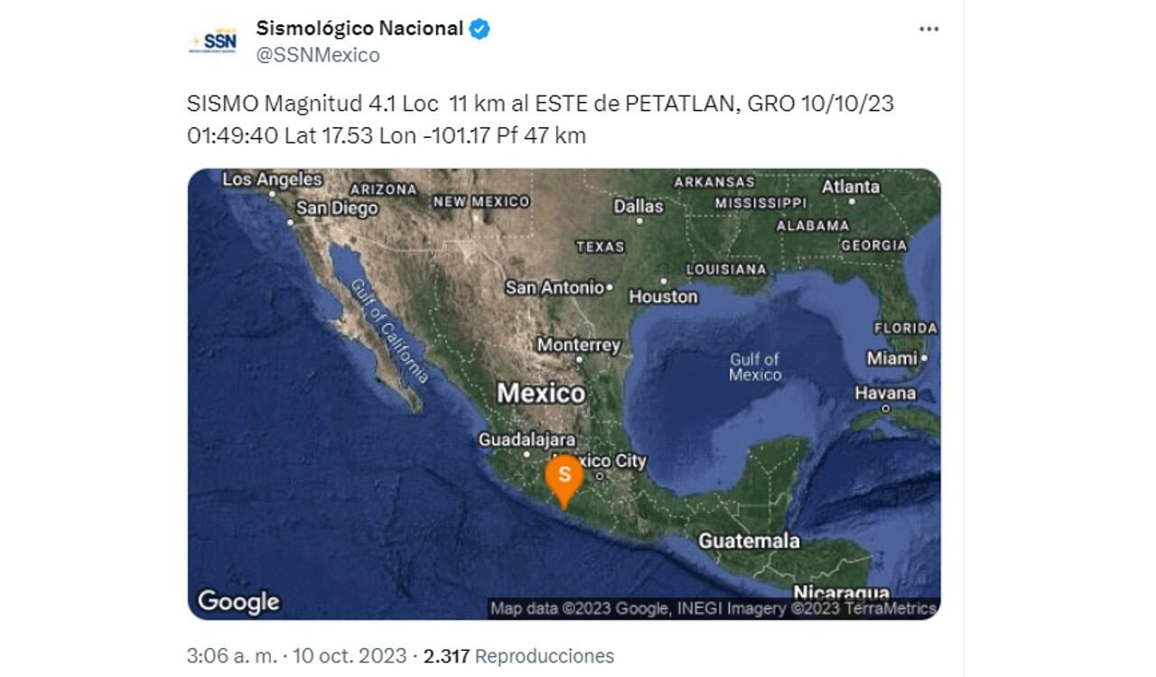 Así reportó el SSN el sismo del martes 10 de octubre de 2023