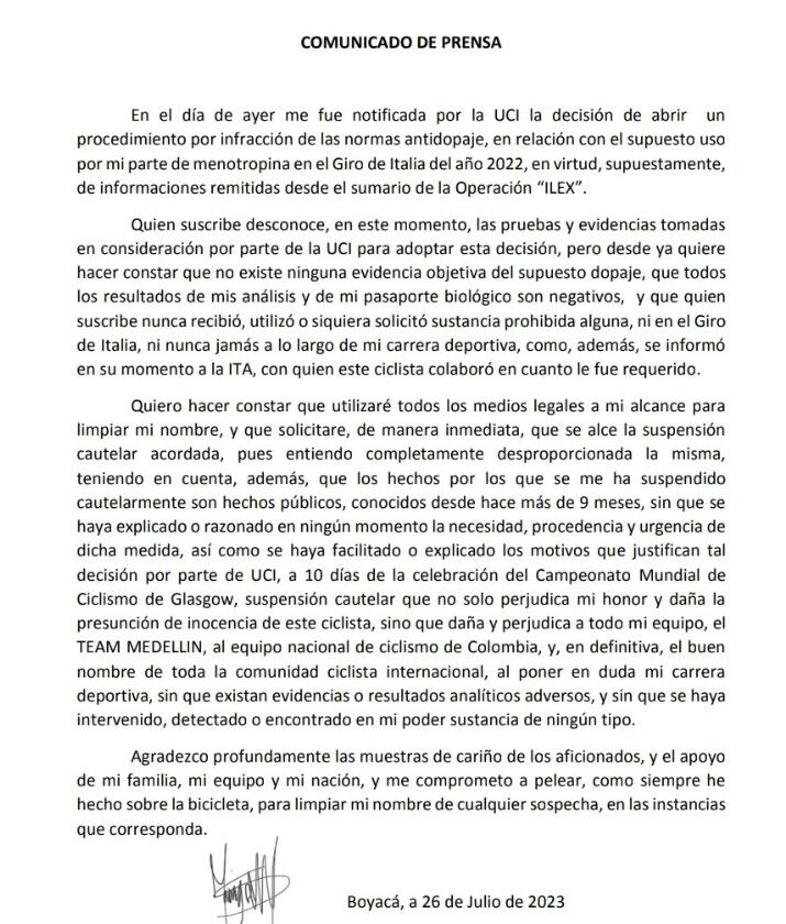 Comunicado de Miguel Ángel López.