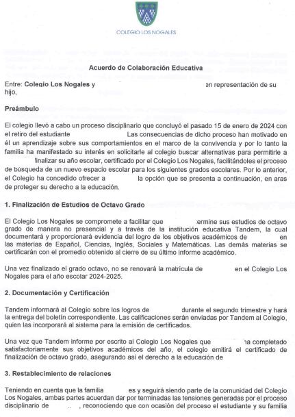 El Colegio Los Nogales le planteó a los padres de dos de los menores de edad expulsados terminar el año escolar (de calendario B) en una institución alterna.
