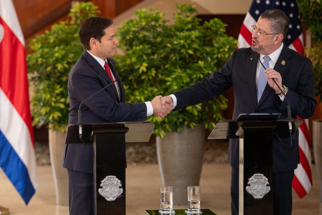 SAN JOSE, COSTA RICA - February 4: US Secretary of State Marco Rubio(L) and Costa Rica's President Rodrigo Chaves (R) during a meeting at the presidential palace in San Jose on February 4, 2025. Marco Rubio arrived in Costa Rica on his first trip abroad as United States Secretary of State, to follow up on President Donald Trump's policies with the Central American region. (Photo by Roberto Carlos Sanchez/Anadolu via Getty Images)