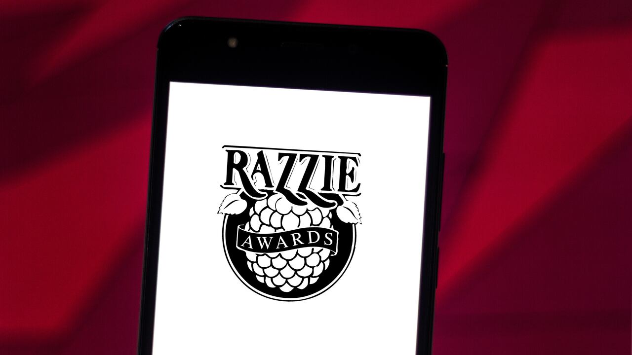 GLóRIA DE DOURADOS, MATO GROSSO DO SUL, BRAZIL - 2019/06/19: In this photo illustration the Golden Raspberry Awards (Razzie Awards) logo is seen displayed on a smartphone. (Photo by Rafael Henrique/SOPA Images/LightRocket via Getty Images)