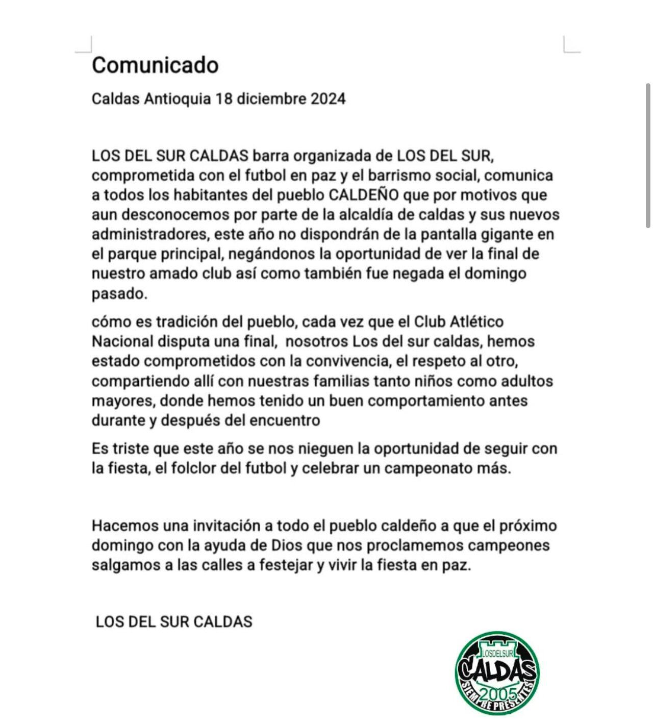 Comunicado de Los del Sur Caldas