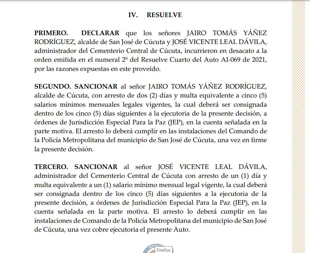 La JEP ordenó el arresto del alcalde de Cúcuta.