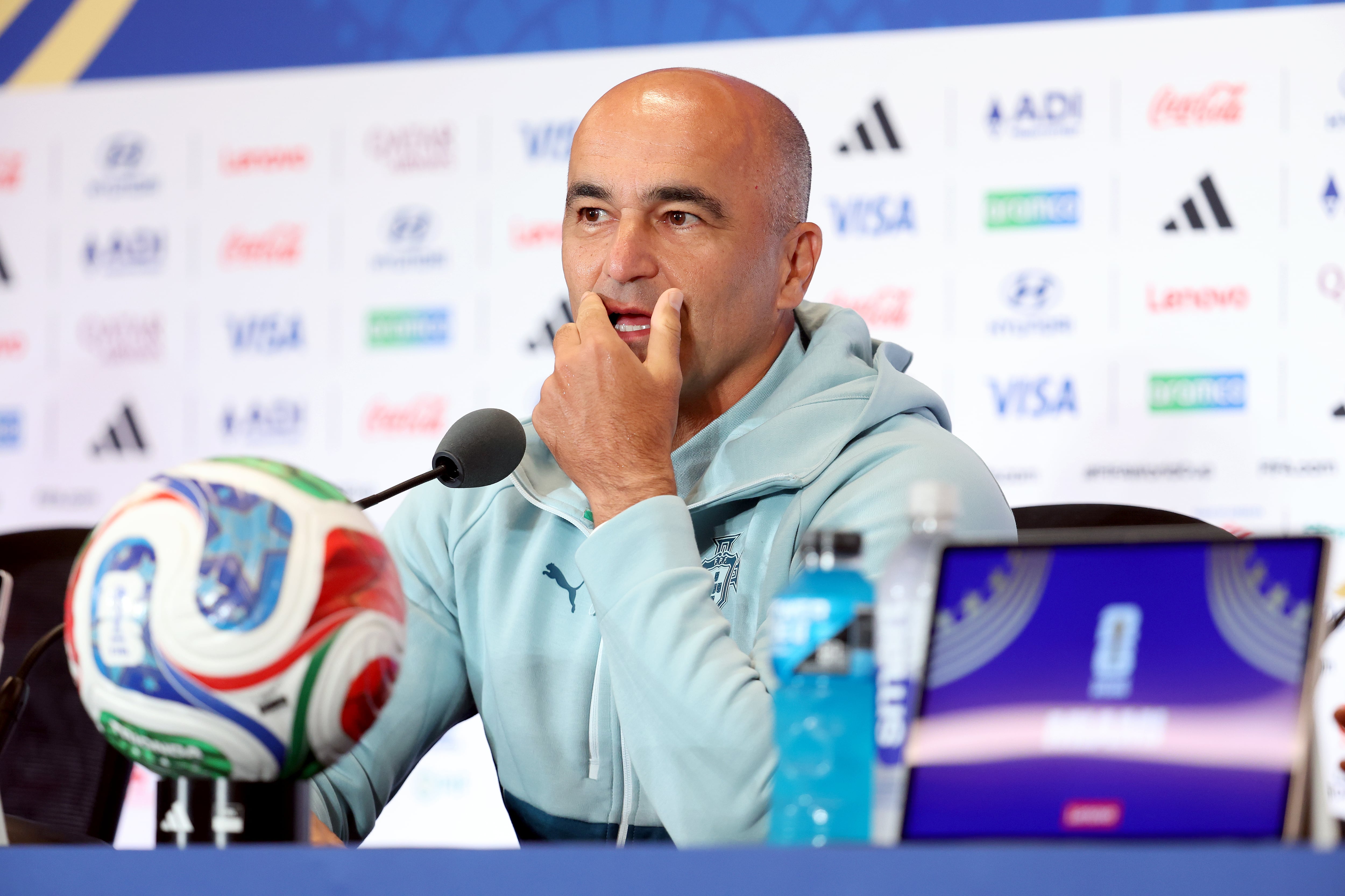 MIAMI, FLORIDA - JUNE 26: Head Coach Roberto Martinez of Portugal speaks during a press conference one day ahead of the FIFA World Cup 2026 Group K match between Colombia and Portugal at Miami Stadium on June 26, 2026 in Miami, Florida. (Photo by Leonardo Fernandez/Getty Images)