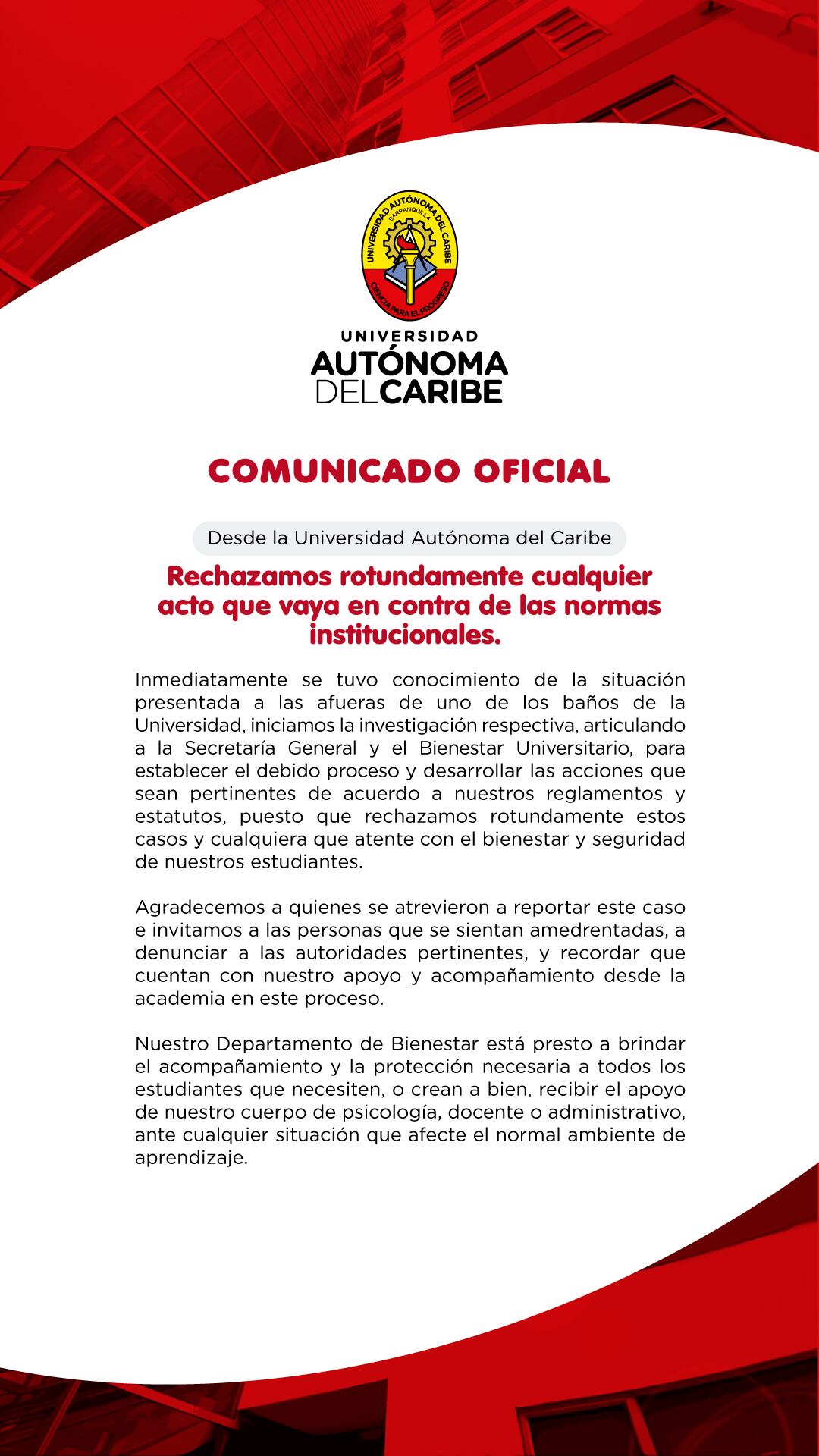 Comunicado oficial de la Universidad Autónoma del Caribe ante el presunto caso de acoso.