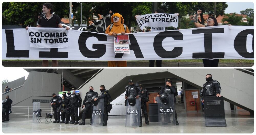 Antitaurinos protestaron contra las corridas de toros en la plaza de Cañaveralejo, custodidada por el Esmad.