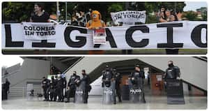 Antitaurinos protestaron contra las corridas de toros en la plaza de Cañaveralejo, custodidada por el Esmad.