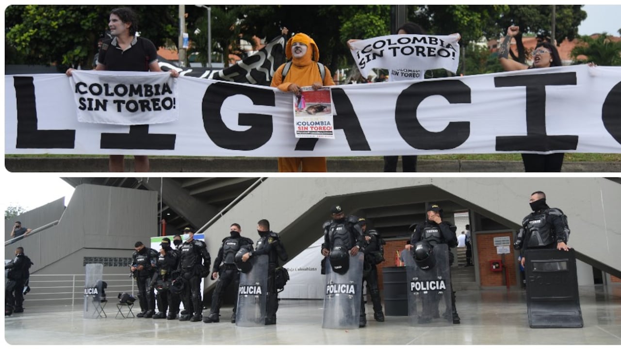 Antitaurinos protestaron contra las corridas de toros en la plaza de Cañaveralejo, custodidada por el Esmad.