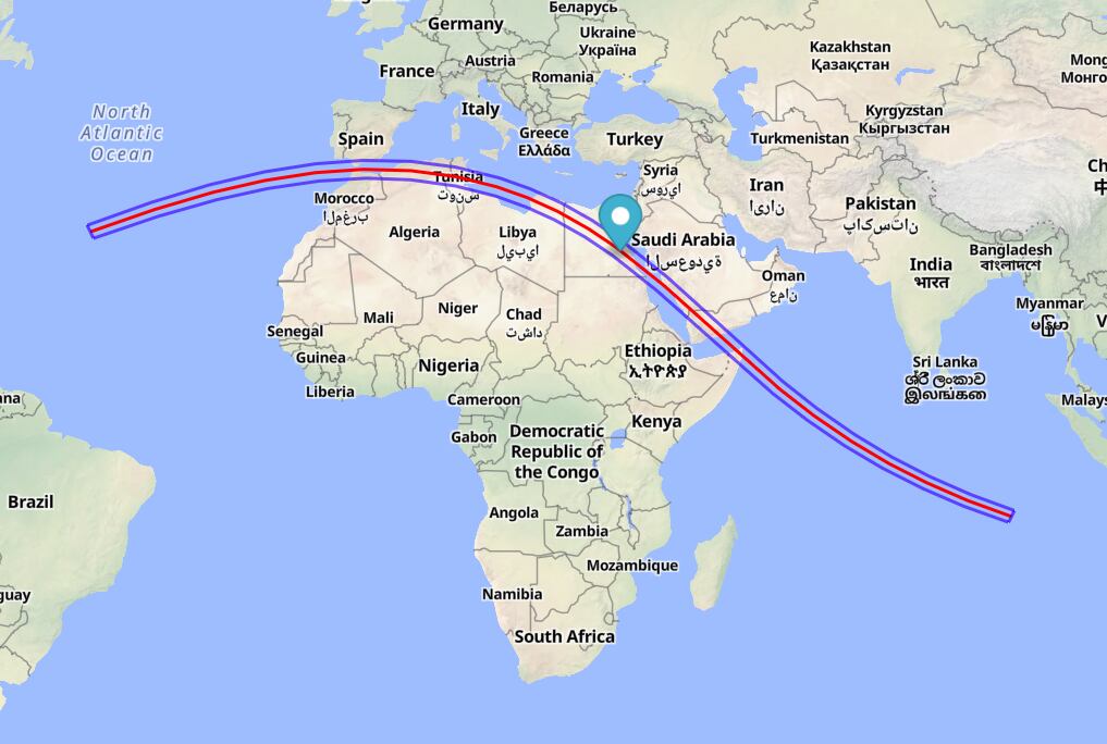 Los límites norte y sur de la franja de oscuridad están marcados en azul.