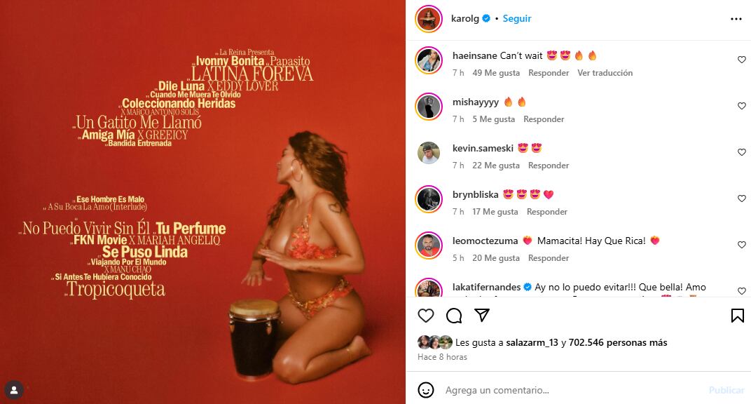 Los comentarios de la publicación de Karol G donde muestra el Track List Oficial.