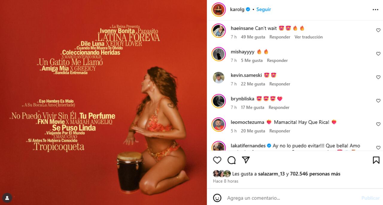Los comentarios de la publicación de Karol G donde muestra el Track List Oficial.