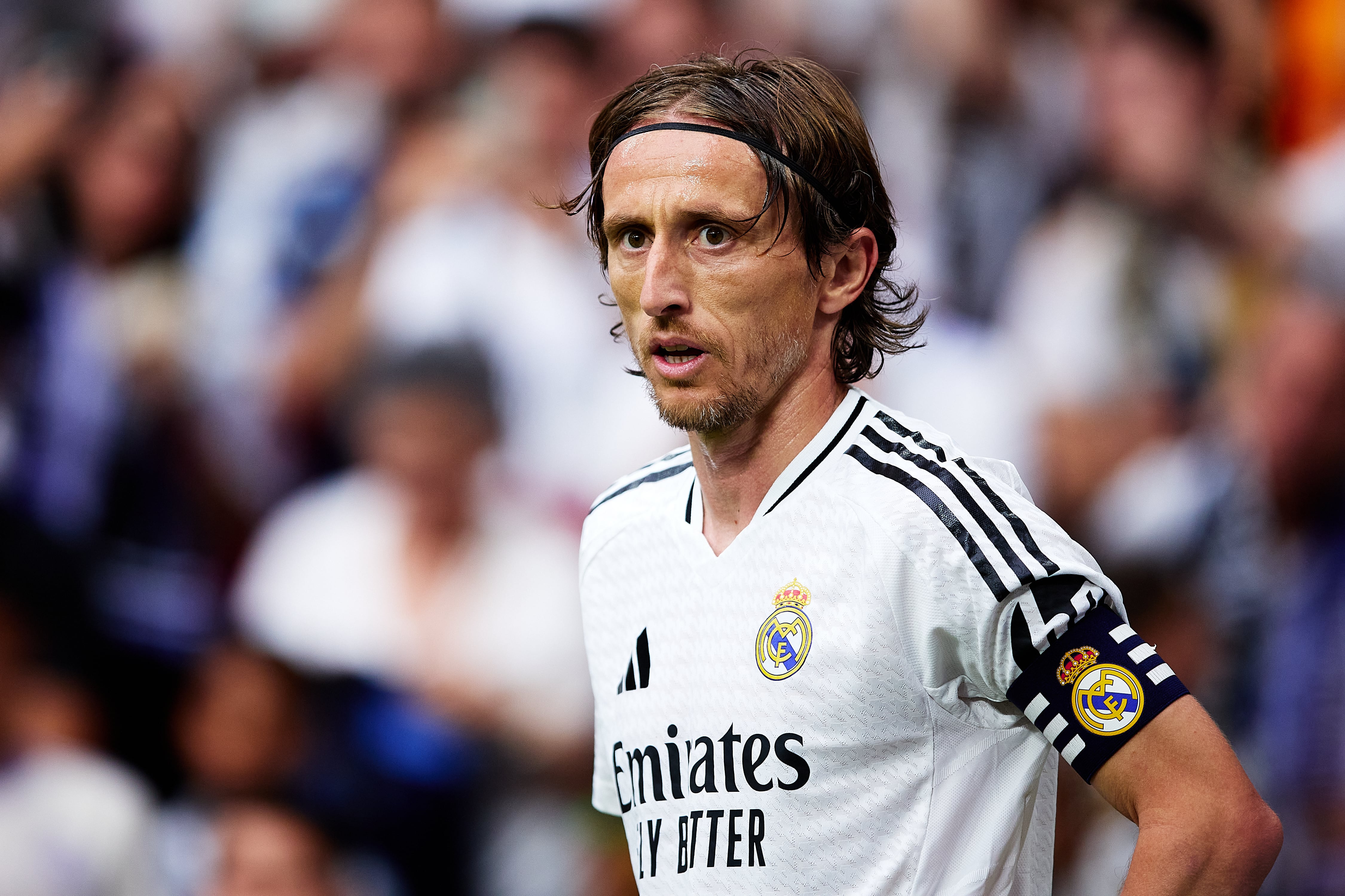 MADRID, SPAIN - MAY 24: Luka Modric of Real Madrid looks on during the LaLiga match between Real Madrid CF and Real Sociedad at Estadio Santiago Bernabeu on May 24, 2025 in Madrid, Spain. (Photo by Alvaro Medranda/Quality Sport Images/Getty Images)