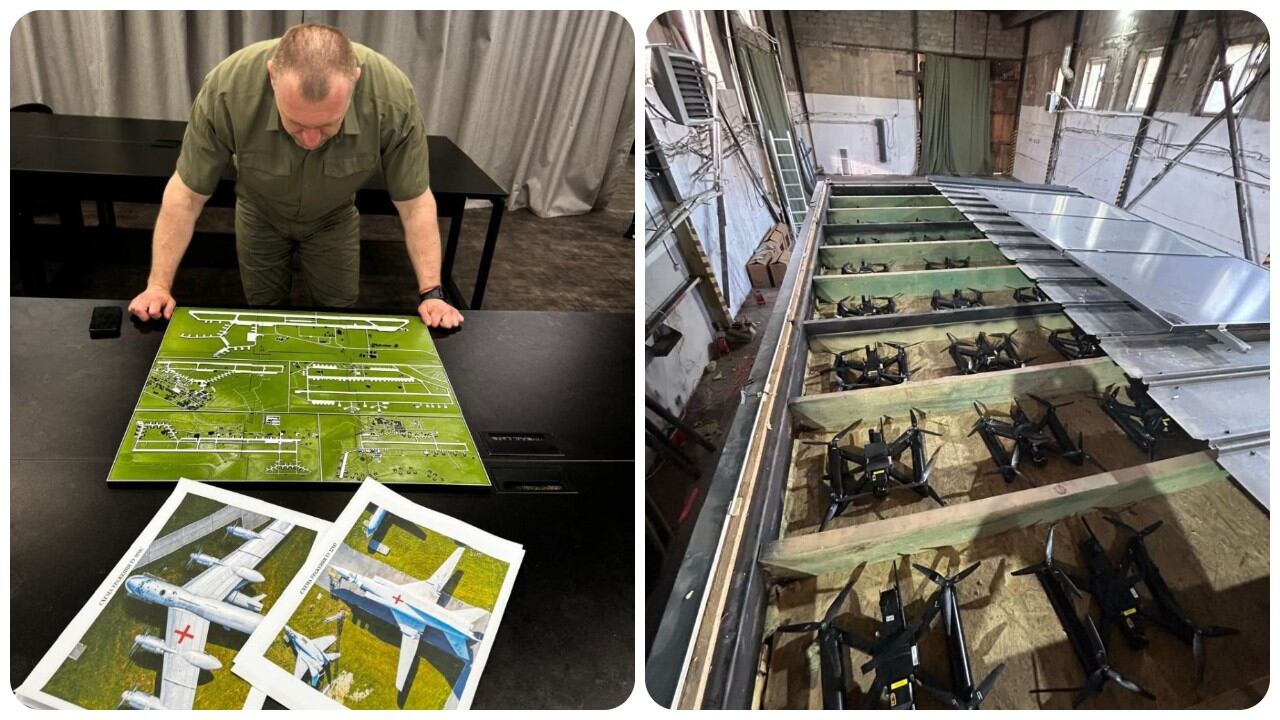 Esta fotografía, sin fecha ni ubicación, publicada el 1 de junio de 2025 por el Servicio de Seguridad de Ucrania, muestra al jefe del Servicio de Seguridad de Ucrania, Vasyl Malyuk, observando un mapa que muestra una base aérea militar rusa.