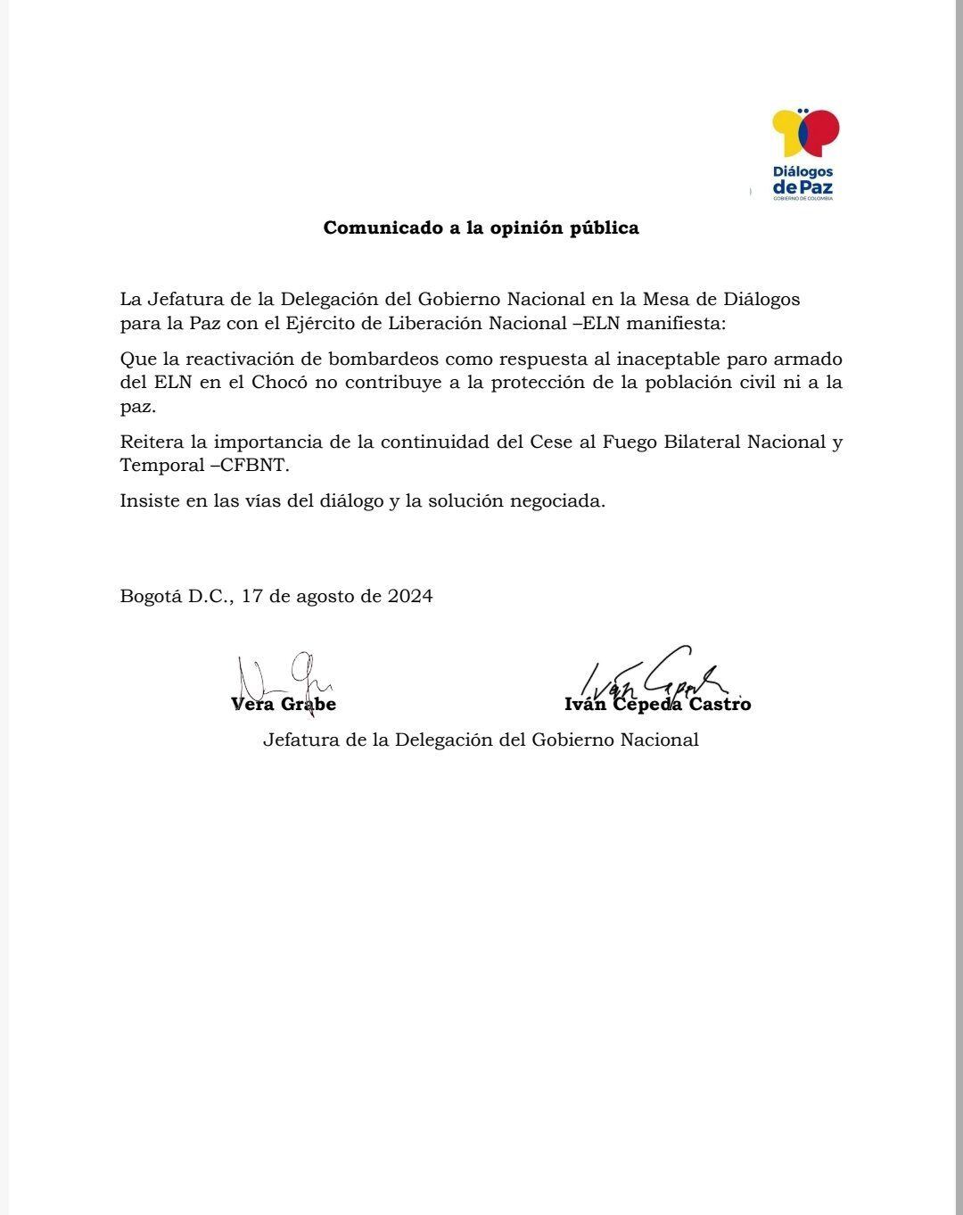 Comunicado de la delegación de paz del Gobierno nacional en los diálogos con el ELN.
