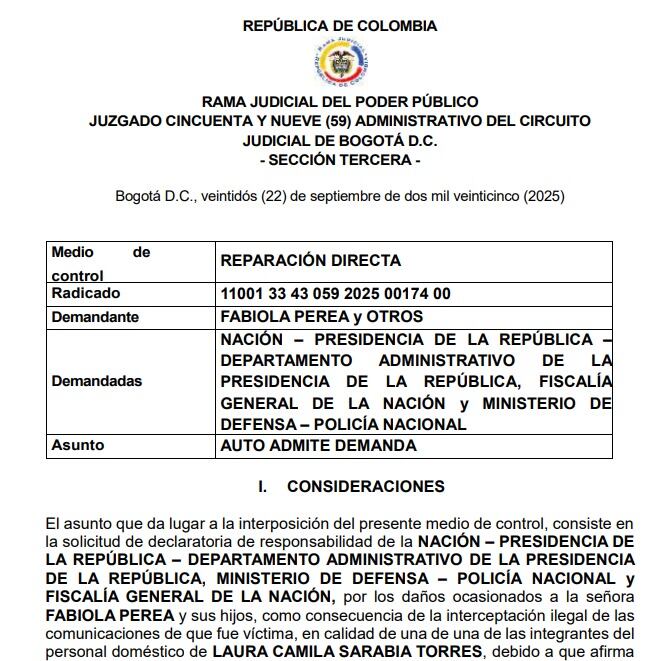 El Juzgado 59 Administrativo de Bogotá acaba de admitir una demanda contra el Estado por las chuzadas y seguimientos a Fabiola Pérez.