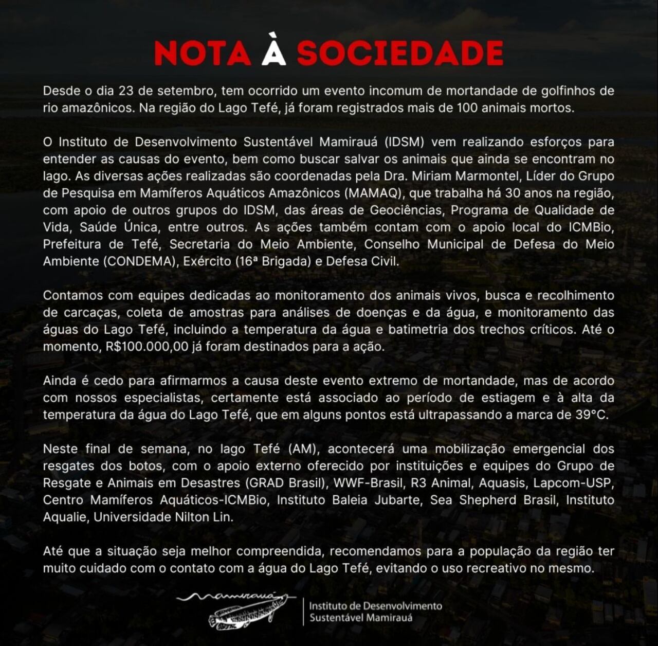 El instituto Mamiraua emitió este comunicado avisando de la muerte de los más de 100 delfines en el Lago Tefé