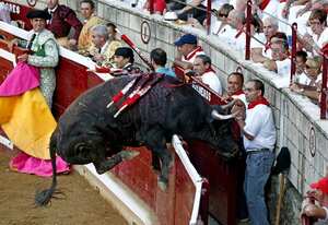 Momento en el que el quinto de la tarde de la ganadería de Cebada Gago intenta saltar el burladero durante la última corrida de toros de las fiestas de Tafalla en la que han intervenido los diestros Juan José Padilla, Sánchez Vara y Javier Valverde. Hace un mes, el Parlamento catalán aprobó, con 68 votos a favor, 55 en contra y 9 abstenciones, prohibir las corridas de toros en Cataluña a partir del 1 de enero de 2012, en una votación en la que tres de los 135 diputados que componen la Cámara no participaron en la misma. El Parlamento ha dado así luz verde a una Iniciativa Legislativa Popular (ILP) avalada por 180.000 ciudadanos que pedía abolir las corridas de toros, prohibición que afectará a La Monumental de Barcelona, la única plaza activa en Cataluña.
