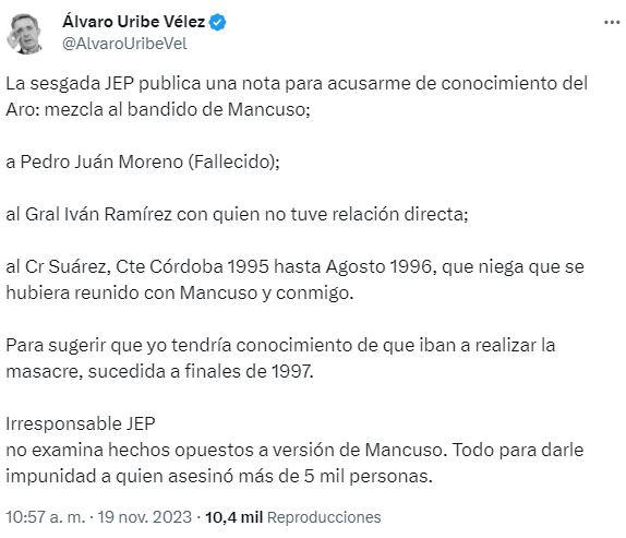 Trino del expresidente Álvaro Uribe Vélez sobre la JEP.