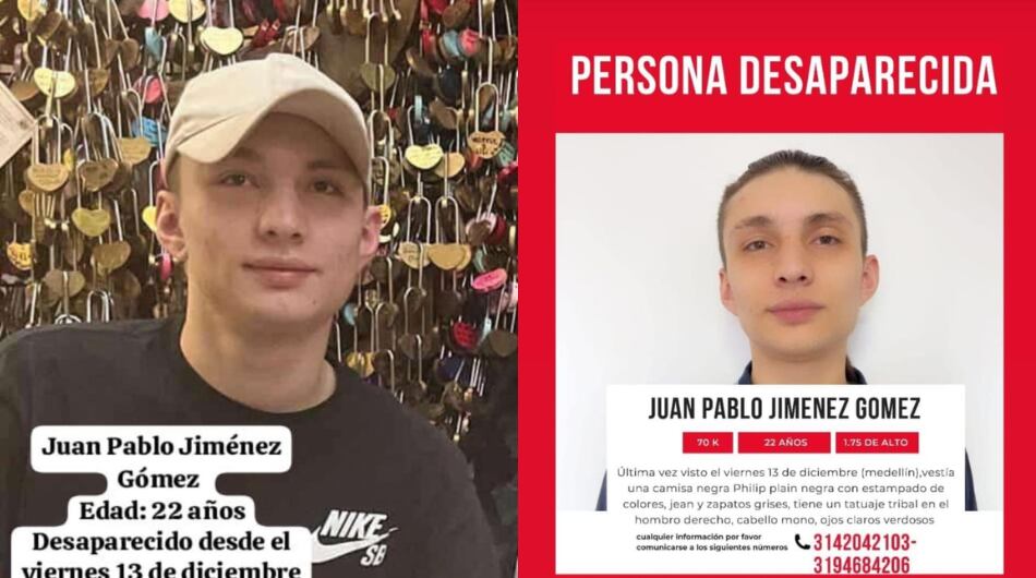 Juan Pablo Jiménez Gómez, desaparecido en Medellín.