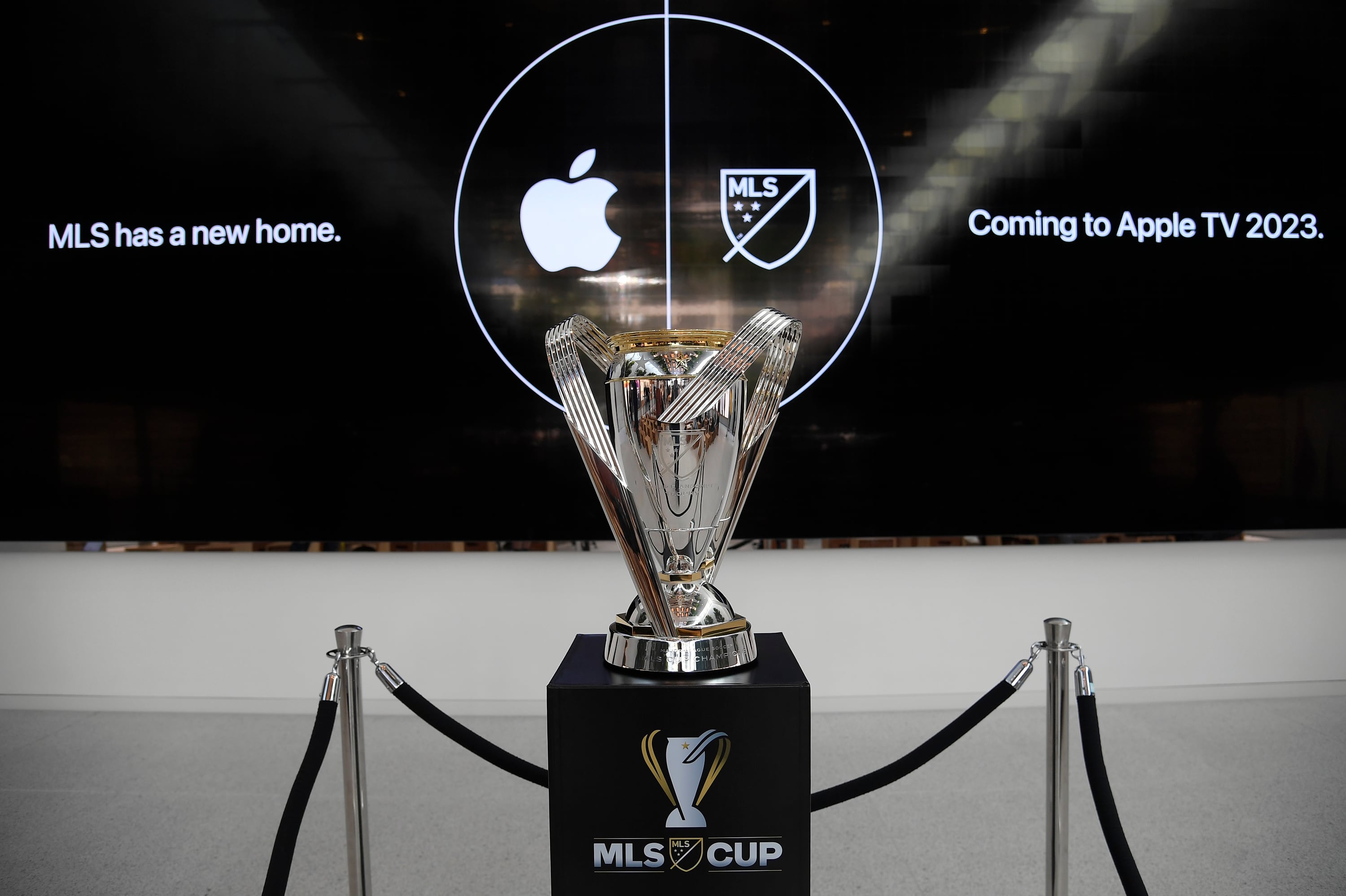 LOS ANGELES, CA - NOVEMBER 03: The MLS Cup trophy is displayed at the Apple retail store at The Grove on November 3, 2022 in Los Angeles, California. Philadelphia Union and Los Angeles FC will play for the MLS championship game at the Banc of California Stadium on November 5, 2022, in Los Angeles, California.(Photo by Kevork Djansezian/Getty Images)