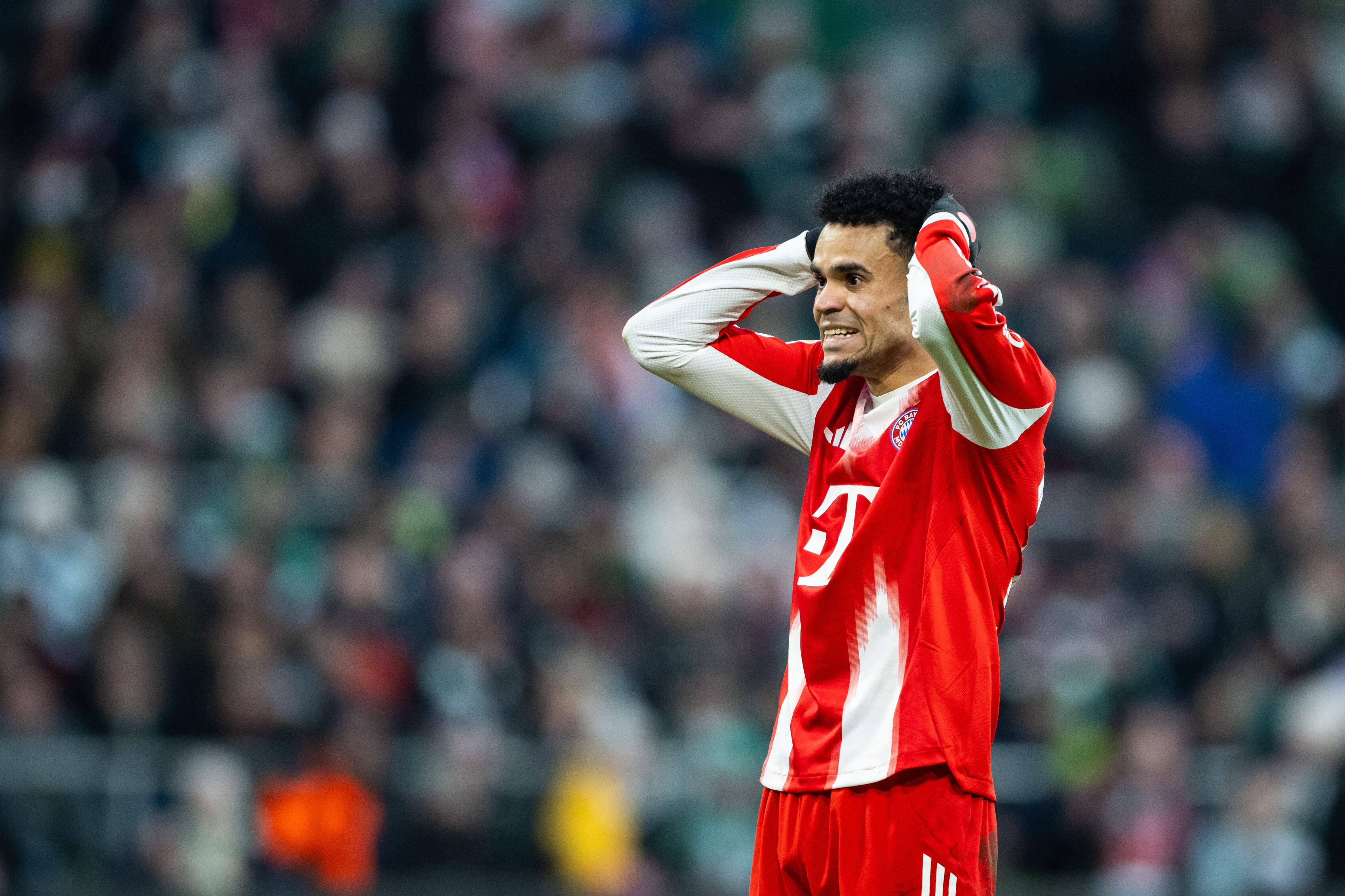 BREMEN, GERMANY - FEBRUARY 14: Luis Diaz of Munich reacts during the Bundesliga match between SV Werder Bremen and FC Bayern München at Weserstadion on February 14, 2026 in Bremen, Germany. (Photo by Marvin Ibo Guengoer - GES Sportfoto/Getty Images)