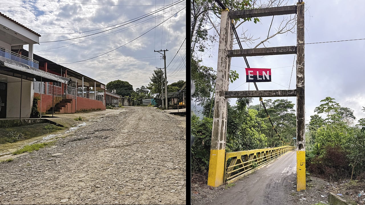 A la izquierda, la soledad reflejada en las calles de Filo Gringo, un pueblo que las Farc quieren, pero no han podido quitarle el poder al ELN. A la derecha, los elenos colgaron banderas en algunas zonas del Catatumbo. 