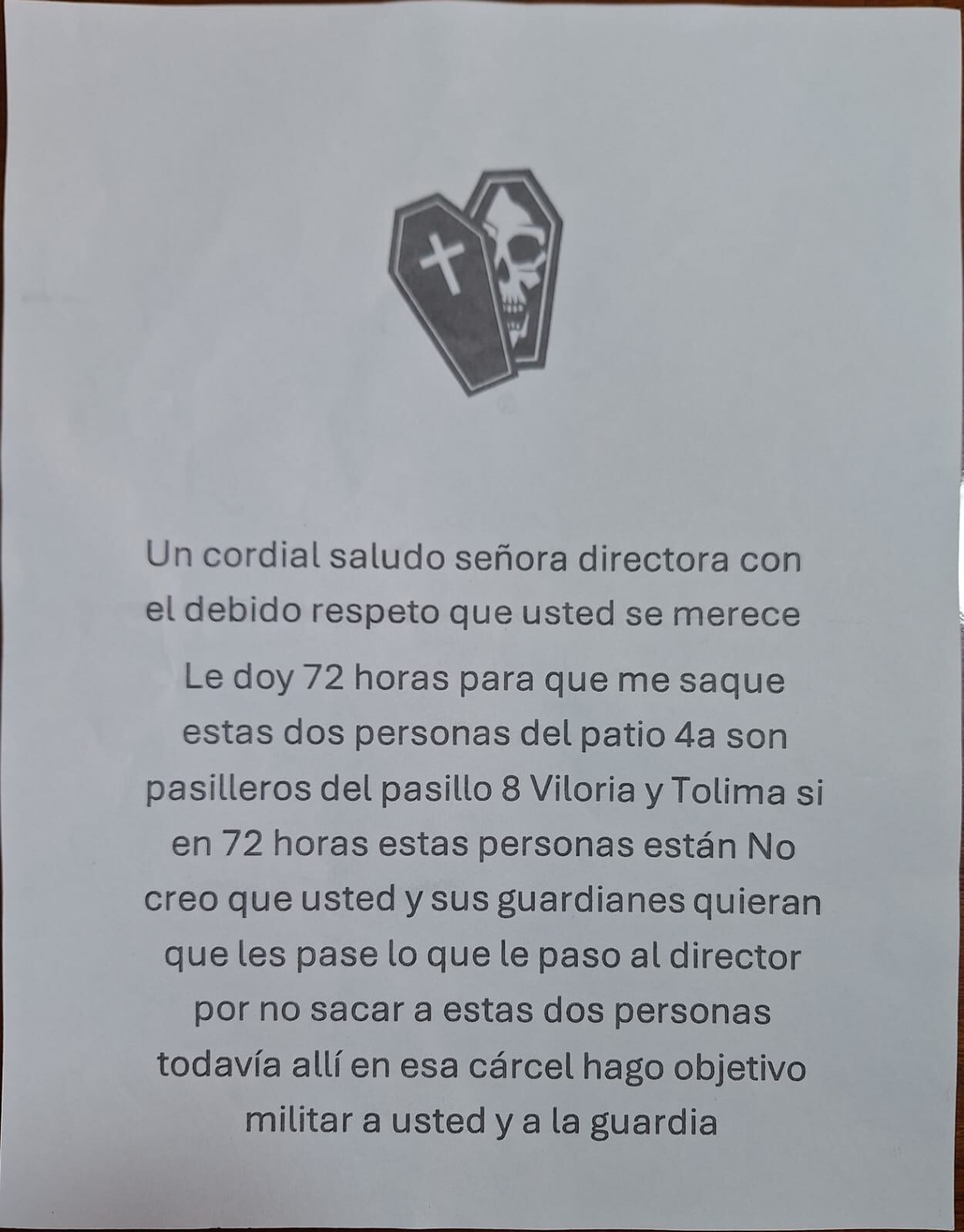 Este es el panfleto amenazante en contra de la directora de la Cárcel La Modelo