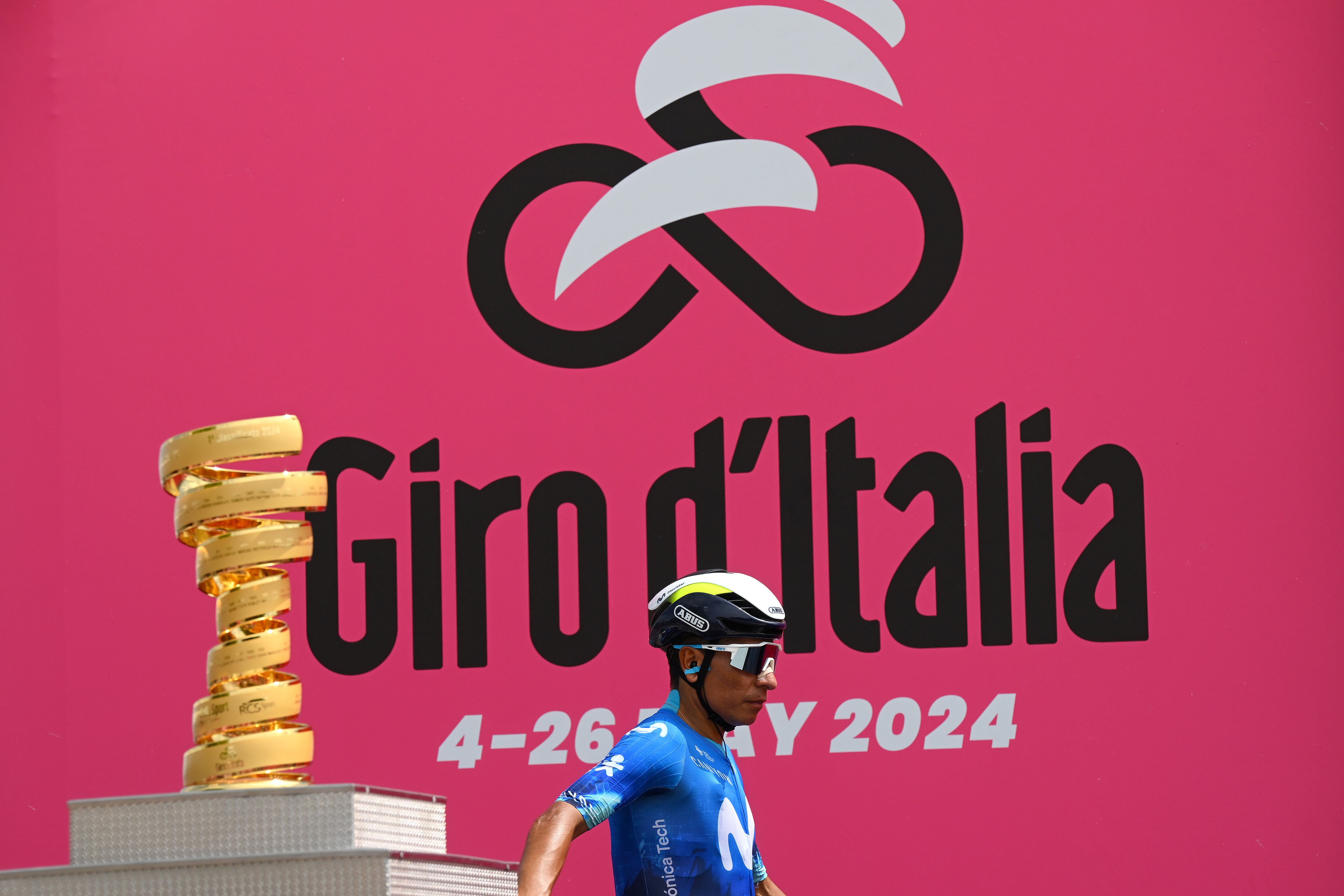 VIAREGGIO, ITALY - MAY 09: View of the Trofeo Senza Fine and Nairo Quintana of Colombia and Movistar Team prior to the 107th Giro d'Italia 2024, Stage 6 a 180km stage from Viareggio to Rapolano terme 322m / #UCIWT / on May 09, 2024 in Viareggio, Italy. (Photo by Tim de Waele/Getty Images)