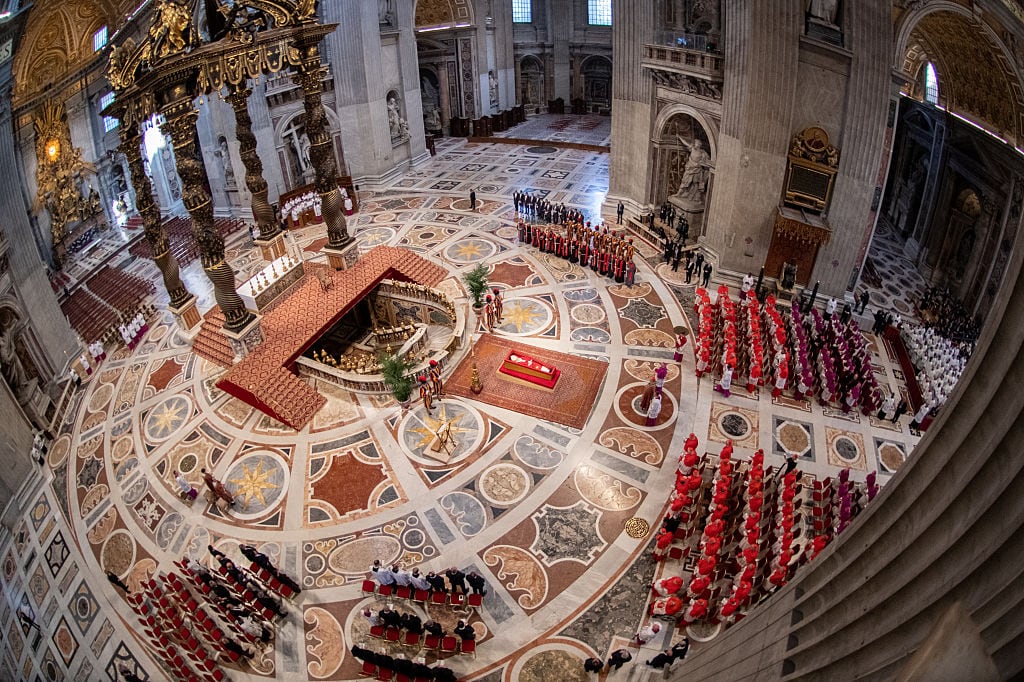 VATICAN CITY, VATICAN, APRIL 23: (EDITOR'S NOTE: Image depicts death) The body of Pope Francis lays in state in an open casket in St. Peter's Basilica at the Vatican on April 23, 2025. The faithful will pay their respects to Pope Francis, who died on April 21 at the age of 88, until the eve of his funeral, which will be celebrated on April 26 in St. Peter's Square. Riccardo De Luca / Anadolu (Photo by RICCARDO DE LUCA / ANADOLU / Anadolu via AFP)