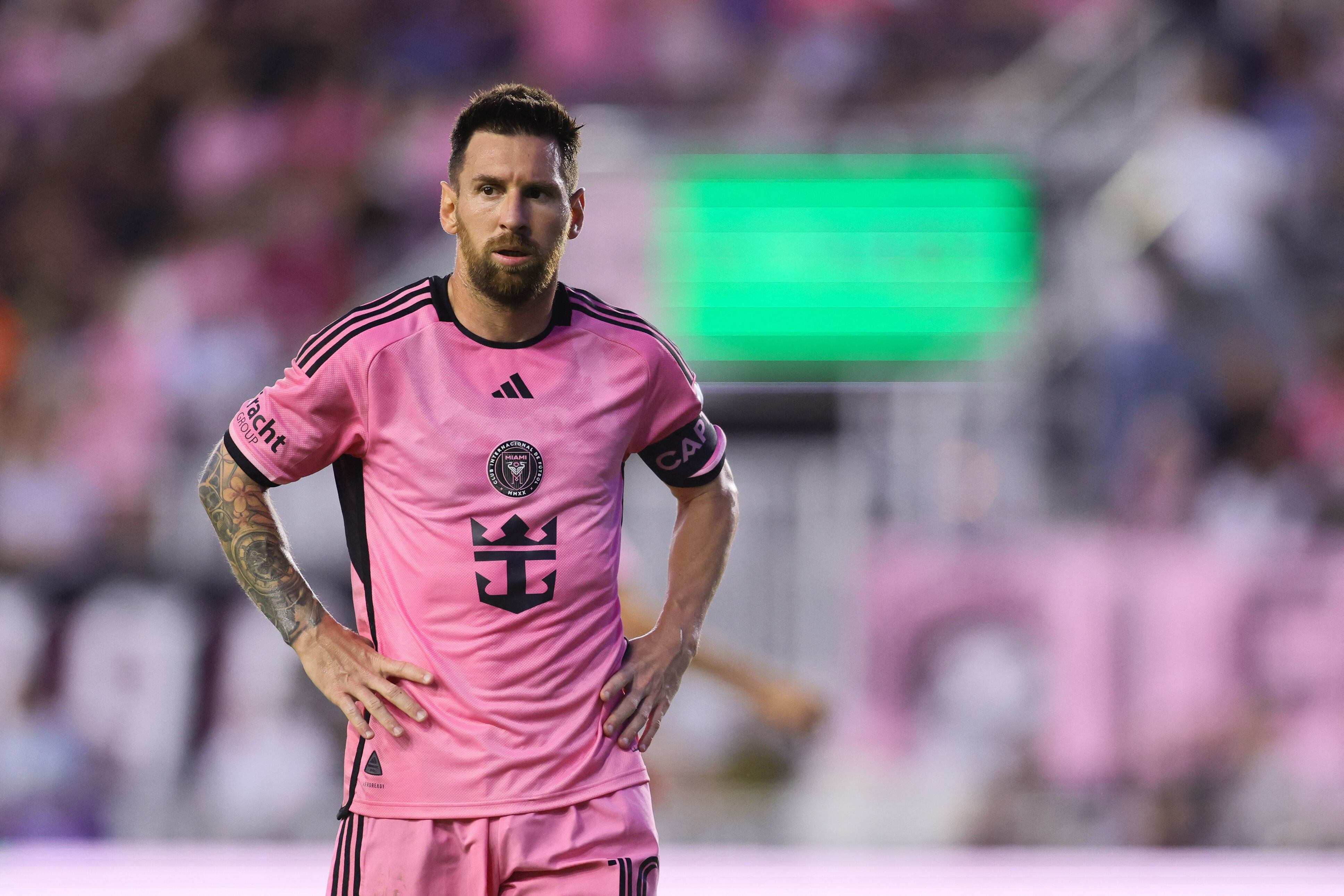 May 29, 2024; Fort Lauderdale, Florida, USA; Inter Miami CF forward Lionel Messi (10) looks on against Atlanta United during the first half at Chase Stadium. Mandatory Credit: Sam Navarro-USA TODAY Sports