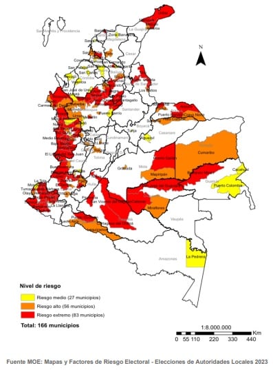 Mapa de riesgo electoral de la MOE para las elecciones regionales del 29 de octubre.