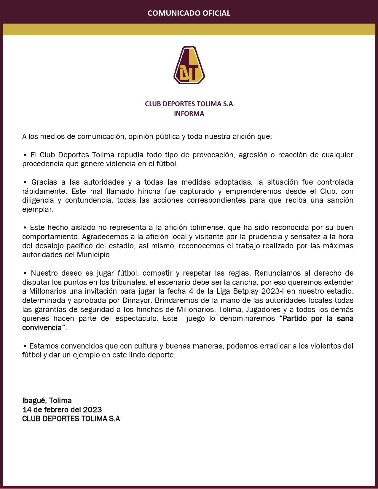 Comunicado del Deportes Tolima sobre el partido ante Millonarios