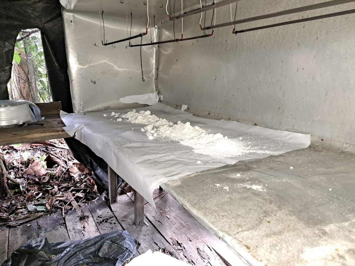 Laboratorio de cocaína encontrado en Nariño por parte de comandos jungla de la Policía Antinarcóticos.