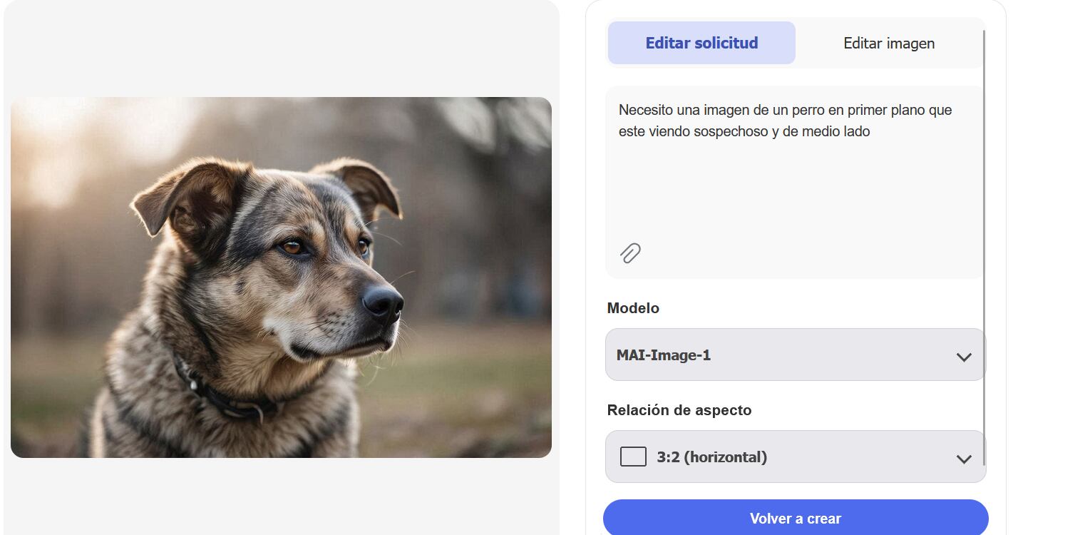 Durante el test, MAI-Image-1 respondió con rapidez y logró una imagen detallada de un perro en primer plano.