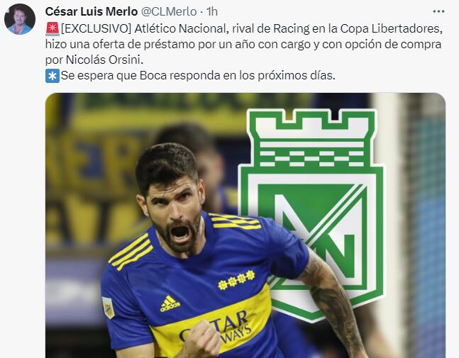 Tweet de César Luis Merlo sobre el interés de Nacional en Nicolás Orsini.