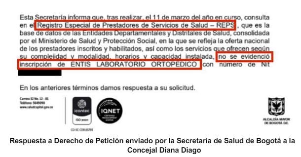 De acuerdo con la respuesta a un derecho de petición de la Secretaría de Salud, Entis Laboratorio no se encuentra en el REPS