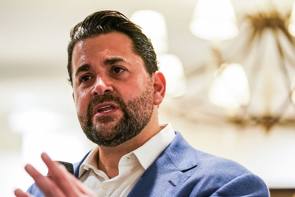 Trump-supporting author Nick Adams addresses a crowd at his book event for the DC Young Republicans at the Capitol Hill Club on January 29, 2024, in Washington, DC. His book is called "Alpha Kings" and he prides himself as being endorsed by Trump.