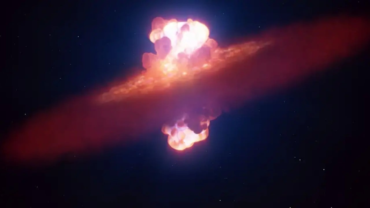 Ilustración artística de una supernova. El VLT del ESO captó la explosión de SN 2024ggi apenas 26 horas después de su detección, revelando por primera vez que su forma inicial era similar a una aceituna.