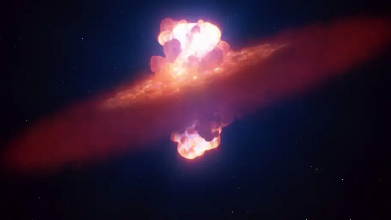 Ilustración artística de una supernova. El VLT del ESO captó la explosión de SN 2024ggi apenas 26 horas después de su detección, revelando por primera vez que su forma inicial era similar a una aceituna.