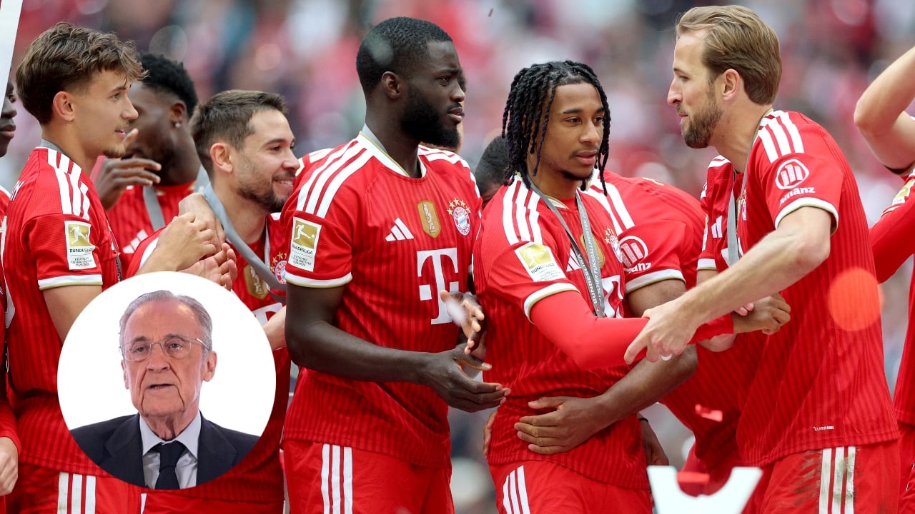 Jugadores del Bayern Múnich y el presidente del Real Madrid, Florentino Pérez.