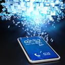 Nube de datos sobre dispositivo telefónico con números voladores