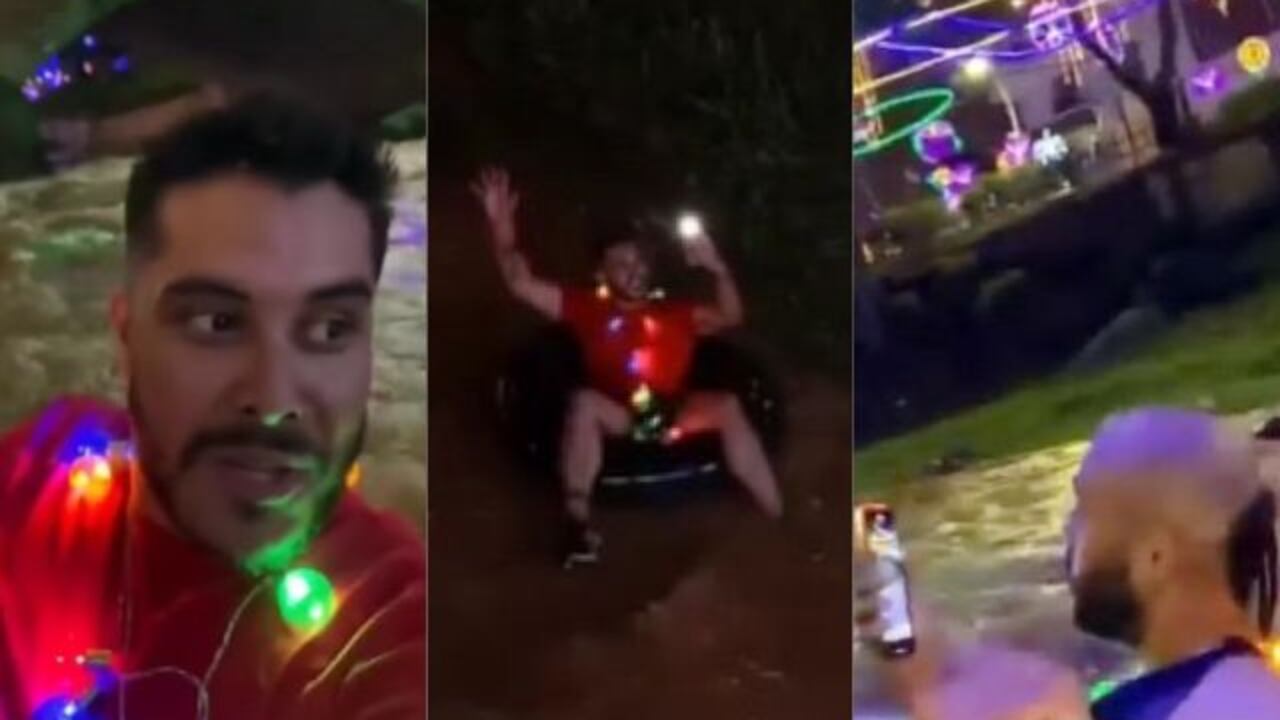 Hombres se lanzaron en flotadores al alumbrado navideño de Cali.