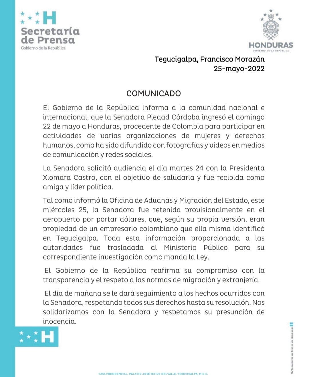 Piedad Córdoba fue trasladada a estación de Policía en Honduras