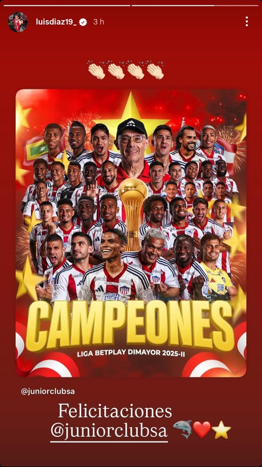 Mensaje de Luis Díaz al Junior por conquistar el título de Liga en 2025-II