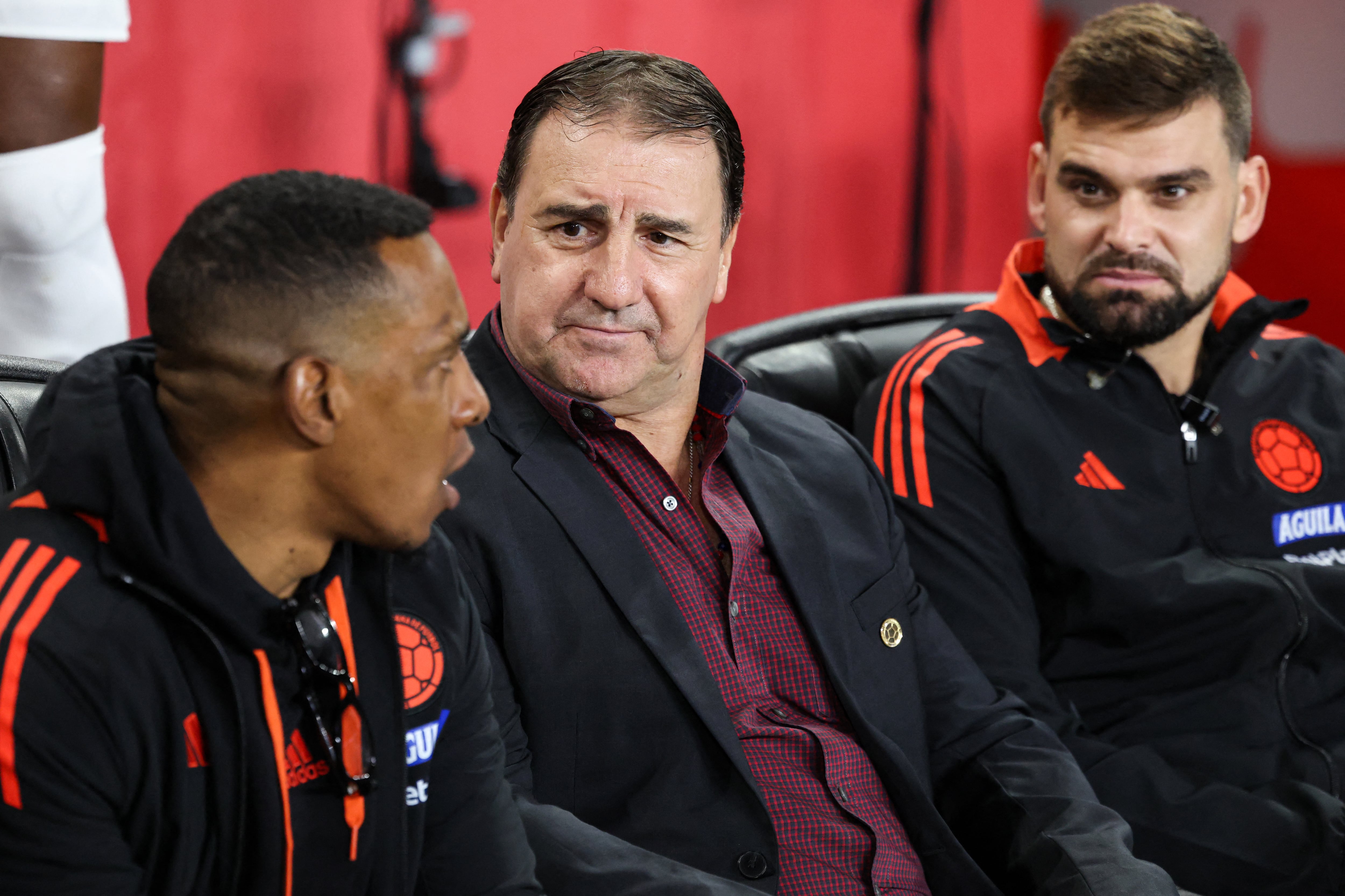 Colombia's Argentine coach Nestor Lorenzo (C) attends the international friendly football match between Canada and Colombia at Sports Illustrated Stadium in Harrison, New Jersey, on October 14, 2025. (Photo by CHARLY TRIBALLEAU / AFP)