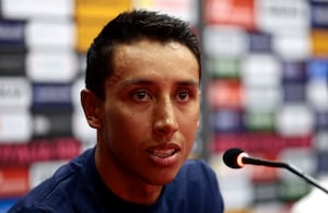 Ineos Grenadiers' Colombian rider Egan Bernal looks on during the Top Riders press conference on the eve of the departure of the Giro d'Italia 2025 cycling race, in Tirana, on May 8, 2025. (Photo by Luca BETTINI / AFP)
