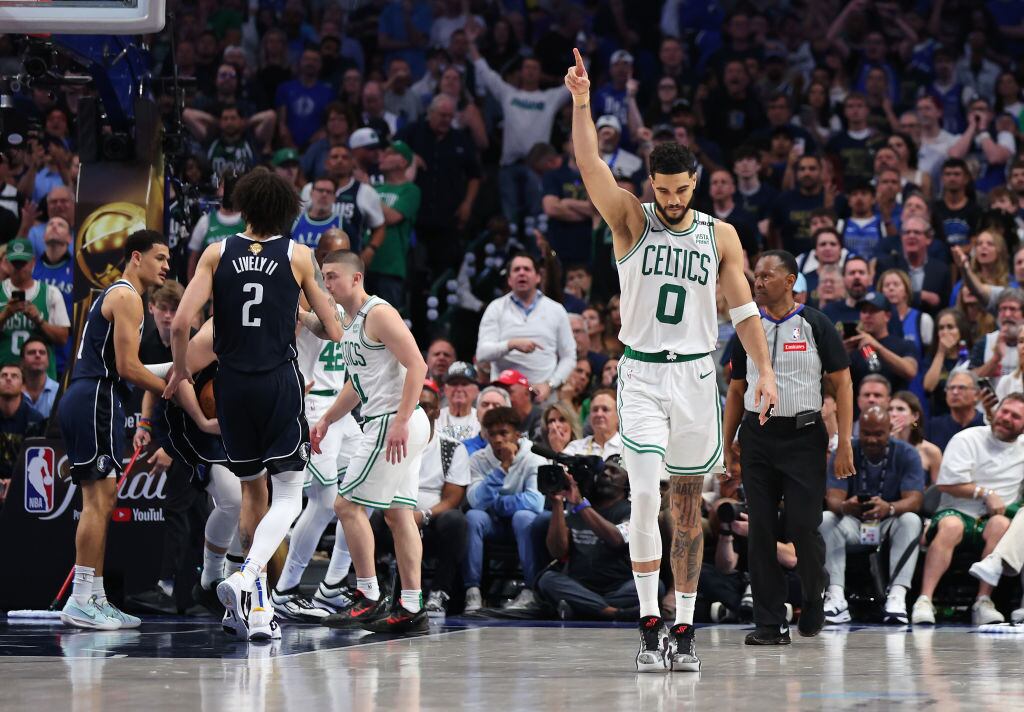 DALLAS, TEXAS - JUNE 12: Jayson Tatum #0 of the Boston Celtics reacts in the fourth quarter against the Dallas Mavericks in Game Three of the 2024 NBA Finals at American Airlines Center on June 12, 2024 in Dallas, Texas. NOTE TO USER: User expressly acknowledges and agrees that, by downloading and or using this photograph, User is consenting to the terms and conditions of the Getty Images License Agreement. (Photo by Stacy Revere/Getty Images)